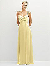 Front View Thumbnail - Pale Yellow Vertical Ruched Bodice Satin Maxi Dress with Full Skirt
