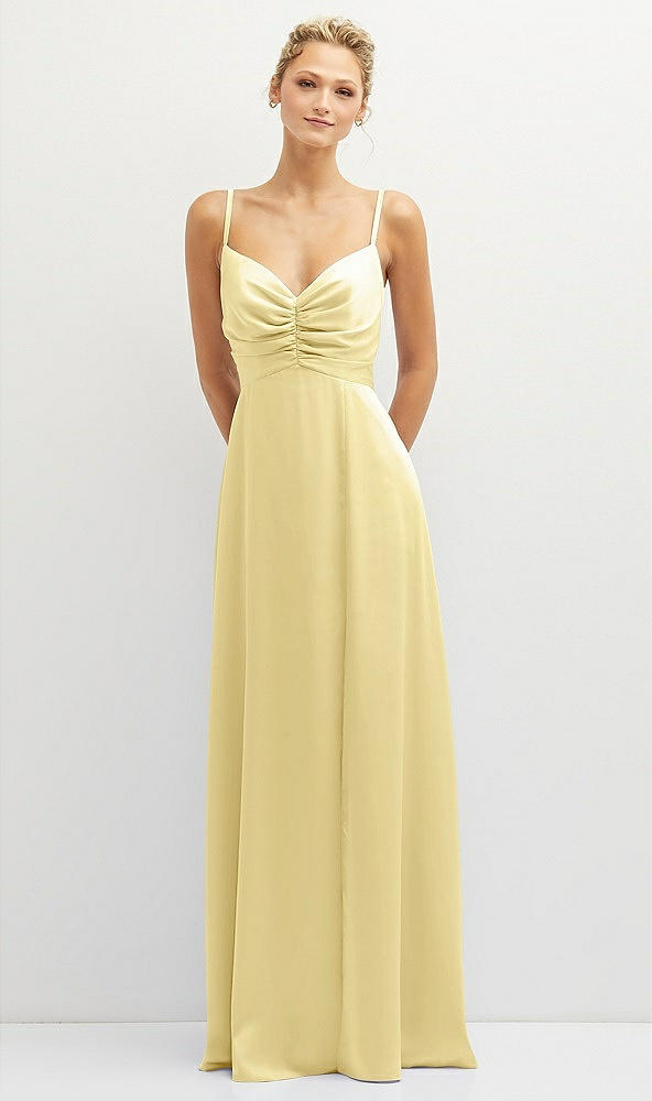 Front View - Pale Yellow Vertical Ruched Bodice Satin Maxi Dress with Full Skirt