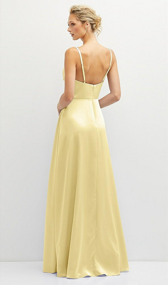 Back View - Pale Yellow Vertical Ruched Bodice Satin Maxi Dress with Full Skirt