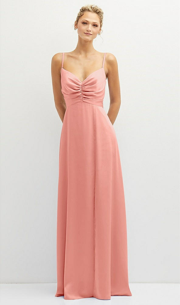 Front View - Rose - PANTONE Rose Quartz Vertical Ruched Bodice Satin Maxi Dress with Full Skirt