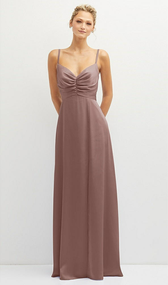 Front View - Sienna Vertical Ruched Bodice Satin Maxi Dress with Full Skirt