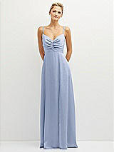 Front View Thumbnail - Sky Blue Vertical Ruched Bodice Satin Maxi Dress with Full Skirt