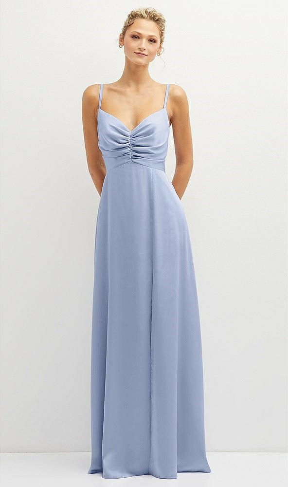 Front View - Sky Blue Vertical Ruched Bodice Satin Maxi Dress with Full Skirt