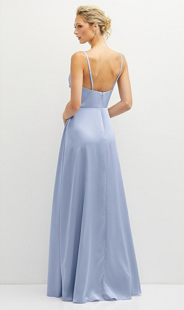 Back View - Sky Blue Vertical Ruched Bodice Satin Maxi Dress with Full Skirt