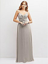 Alt View 1 Thumbnail - Taupe Vertical Ruched Bodice Satin Maxi Dress with Full Skirt