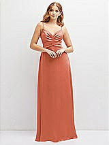 Alt View 1 Thumbnail - Terracotta Copper Vertical Ruched Bodice Satin Maxi Dress with Full Skirt