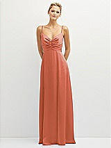 Front View Thumbnail - Terracotta Copper Vertical Ruched Bodice Satin Maxi Dress with Full Skirt