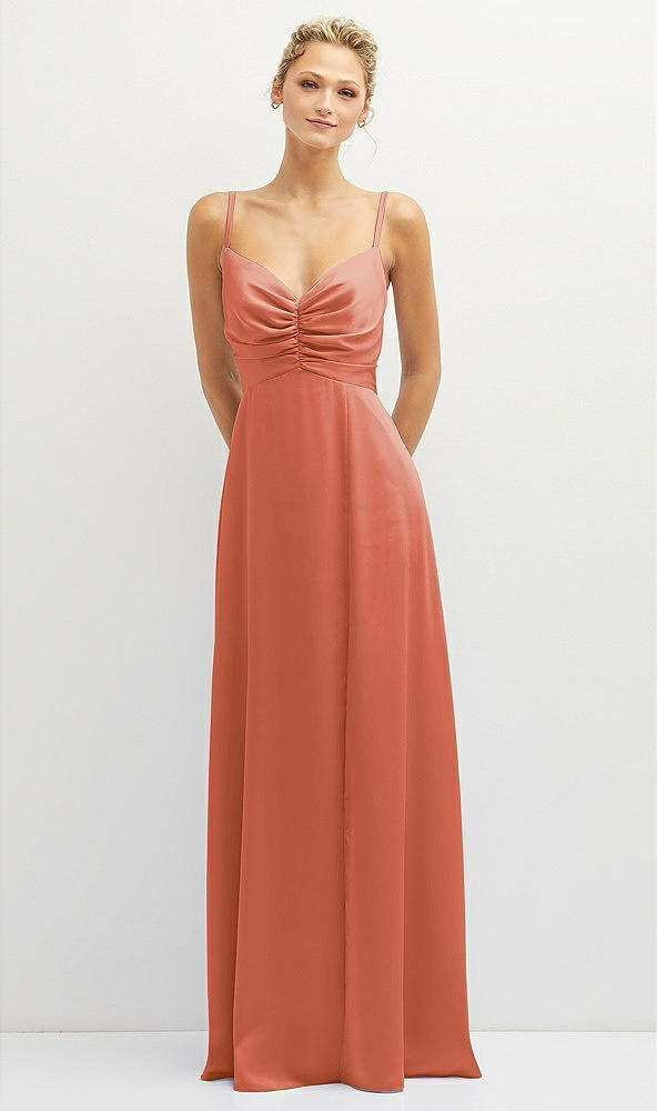 Front View - Terracotta Copper Vertical Ruched Bodice Satin Maxi Dress with Full Skirt