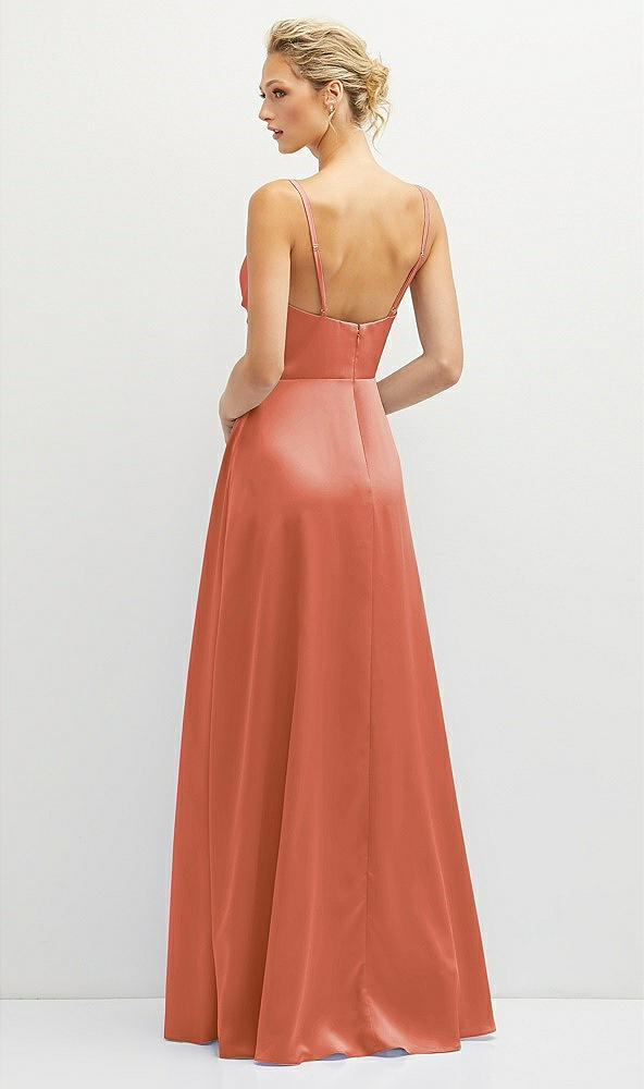 Back View - Terracotta Copper Vertical Ruched Bodice Satin Maxi Dress with Full Skirt