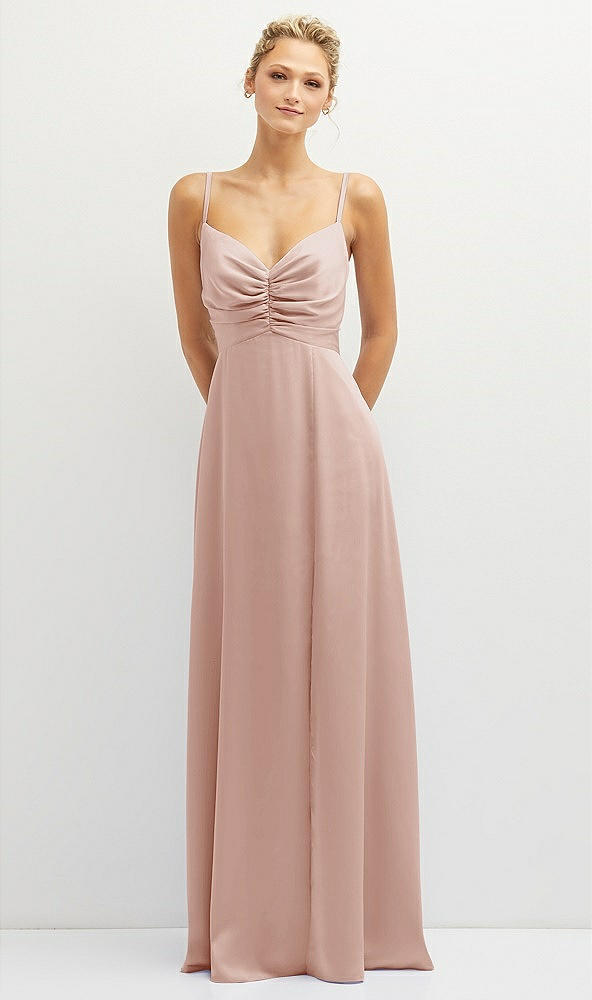 Front View - Toasted Sugar Vertical Ruched Bodice Satin Maxi Dress with Full Skirt