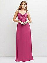 Alt View 1 Thumbnail - Tea Rose Vertical Ruched Bodice Satin Maxi Dress with Full Skirt