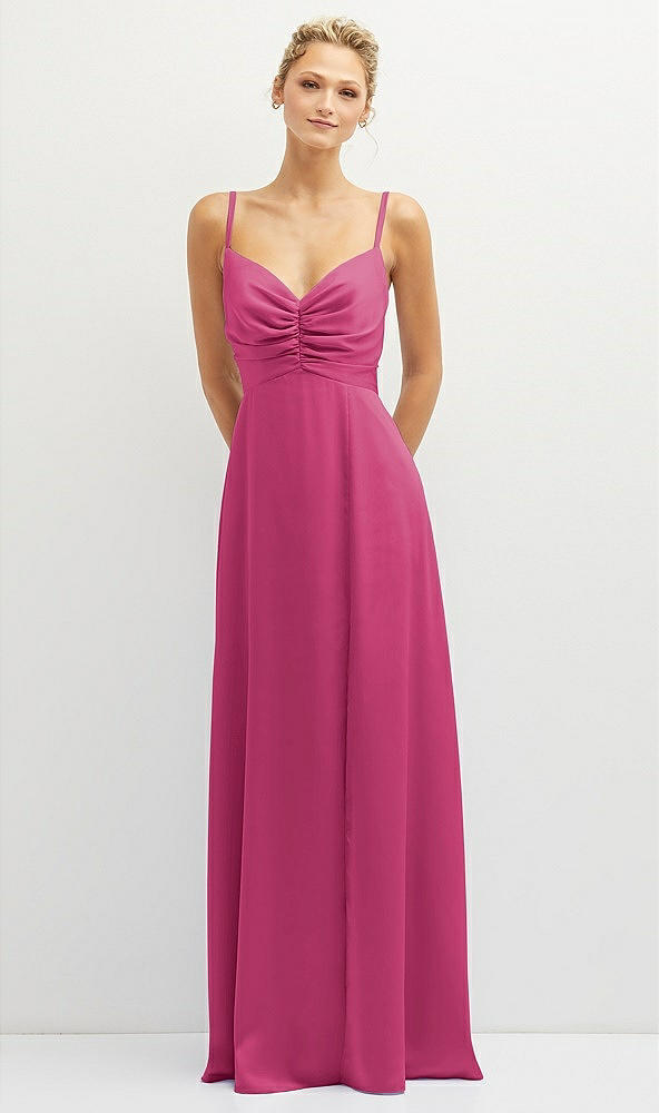 Front View - Tea Rose Vertical Ruched Bodice Satin Maxi Dress with Full Skirt