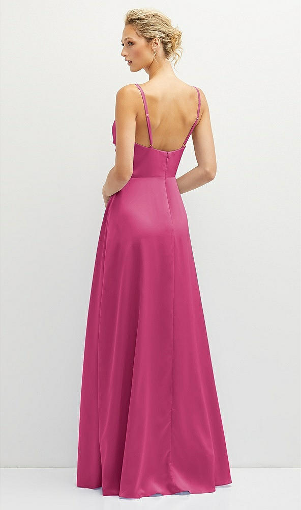 Back View - Tea Rose Vertical Ruched Bodice Satin Maxi Dress with Full Skirt