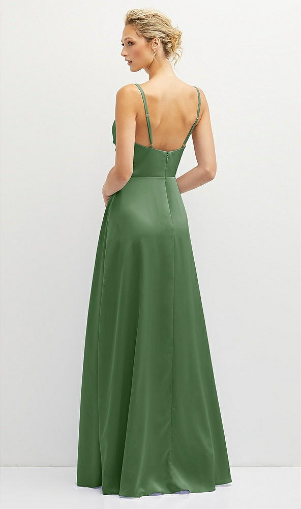 Back View - Vineyard Green Vertical Ruched Bodice Satin Maxi Dress with Full Skirt