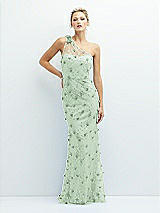 Front View Thumbnail - Celadon One-Shoulder Fit and Flare 3D Floral Embroidered Dress