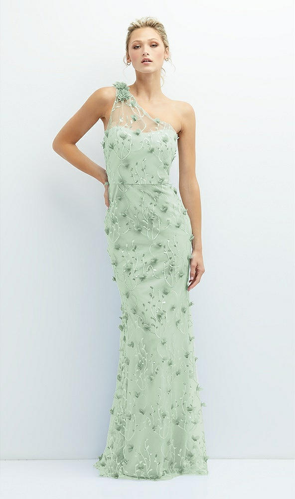 Front View - Celadon One-Shoulder Fit and Flare 3D Floral Embroidered Dress