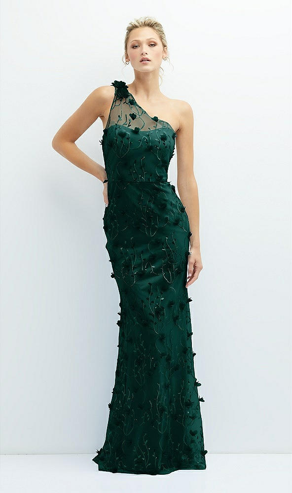Front View - Evergreen One-Shoulder Fit and Flare 3D Floral Embroidered Dress