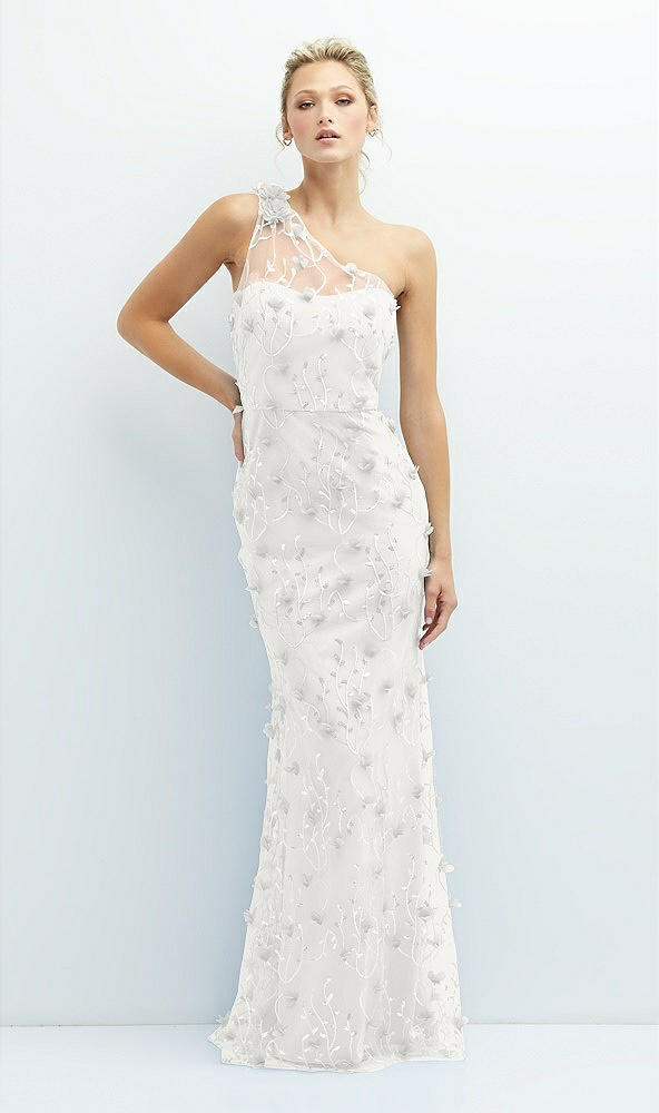 Front View - Ivory One-Shoulder Fit and Flare 3D Floral Embroidered Dress