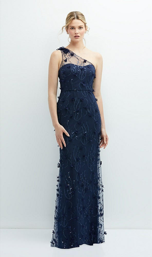 Front View - Midnight Navy One-Shoulder Fit and Flare 3D Floral Embroidered Dress
