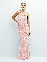 Front View Thumbnail - Rose - PANTONE Rose Quartz One-Shoulder Fit and Flare 3D Floral Embroidered Dress