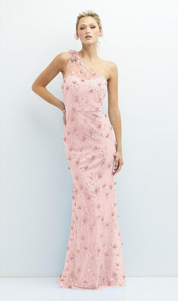 Front View - Rose - PANTONE Rose Quartz One-Shoulder Fit and Flare 3D Floral Embroidered Dress