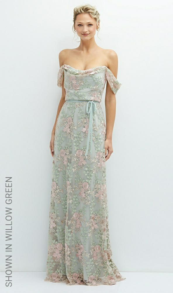 Front View - Cashmere Gray Off-the-Shoulder A-line Floral Embroidered Dress with Skinny Tie Sash