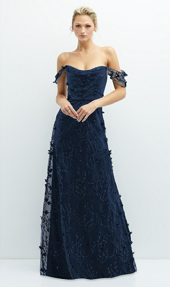 Front View - Midnight Navy Off-the-Shoulder A-line 3D Floral Embroidered Dress