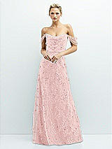 Front View Thumbnail - Rose - PANTONE Rose Quartz Off-the-Shoulder A-line 3D Floral Embroidered Dress