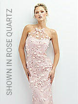 Alt View 1 Thumbnail - Celadon Sheer Halter Neck 3D Floral Embroidered Dress with High-Low Hem