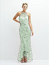 Front View Thumbnail - Celadon Sheer Halter Neck 3D Floral Embroidered Dress with High-Low Hem