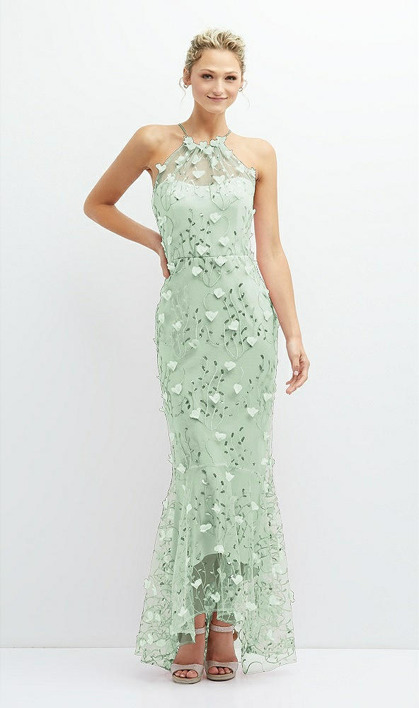 Front View - Celadon Sheer Halter Neck 3D Floral Embroidered Dress with High-Low Hem