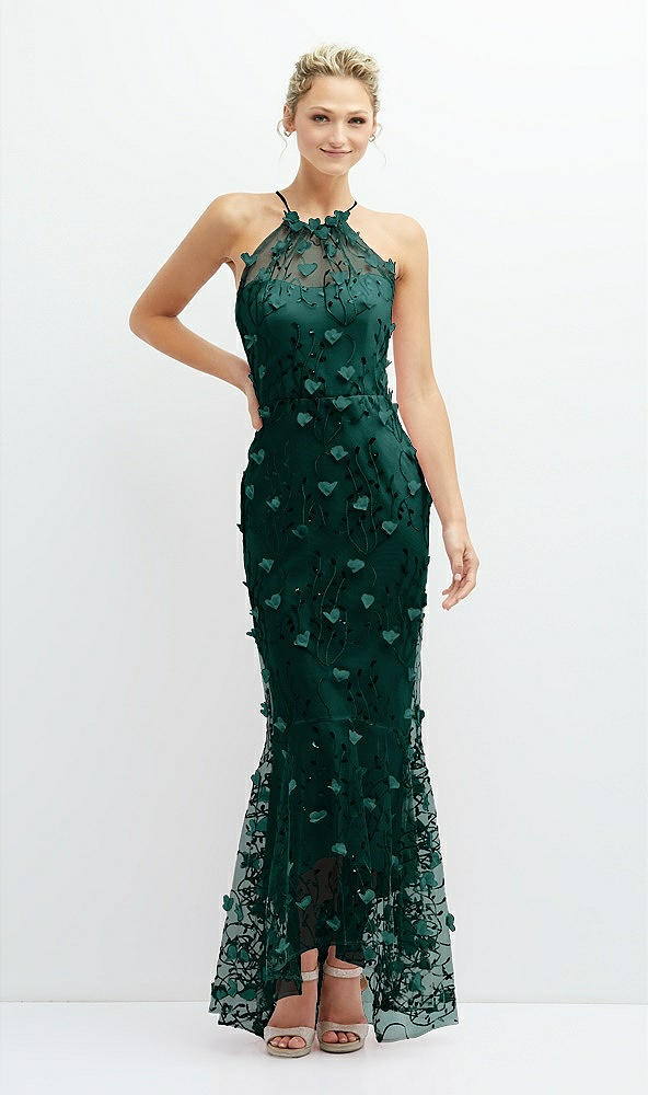 Front View - Evergreen Sheer Halter Neck 3D Floral Embroidered Dress with High-Low Hem