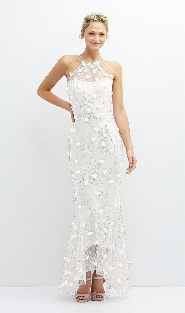 Front View - Ivory Sheer Halter Neck 3D Floral Embroidered Dress with High-Low Hem