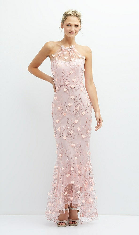 Front View - Rose - PANTONE Rose Quartz Sheer Halter Neck 3D Floral Embroidered Dress with High-Low Hem