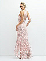 Rear View Thumbnail - Rose - PANTONE Rose Quartz Sheer Halter Neck 3D Floral Embroidered Dress with High-Low Hem