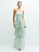 Front View Thumbnail - Celadon Strapless 3D Floral Embroidered Dress with Tiered Maxi Skirt