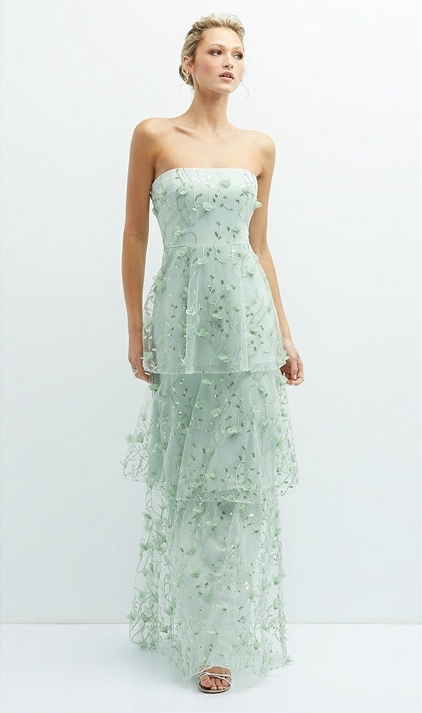 Front View - Celadon Strapless 3D Floral Embroidered Dress with Tiered Maxi Skirt