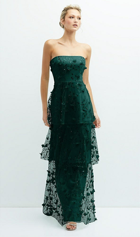 Front View - Evergreen Strapless 3D Floral Embroidered Dress with Tiered Maxi Skirt