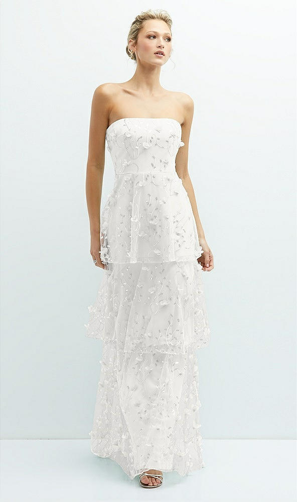 Front View - Ivory Strapless 3D Floral Embroidered Dress with Tiered Maxi Skirt