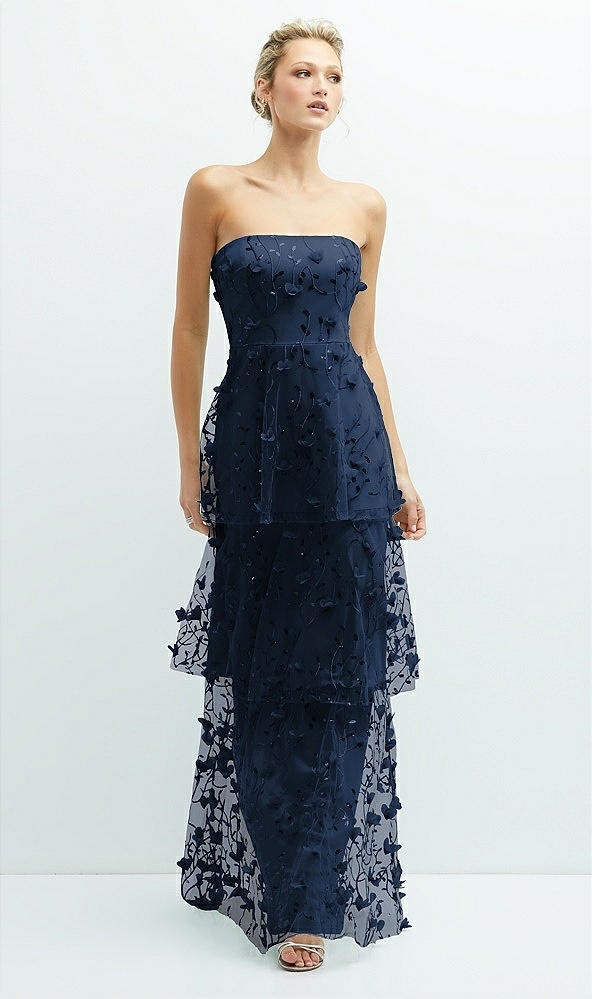 Front View - Midnight Navy Strapless 3D Floral Embroidered Dress with Tiered Maxi Skirt