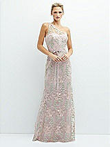 Front View Thumbnail - Suede Rose One-Shoulder Fit and Flare Floral Embroidered Dress with Skinny Tie Sash