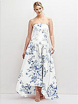 Front View Thumbnail - Cottage Rose Larkspur Strapless Fitted Floral Satin High Low Dress with Shirred Ballgown Skirt
