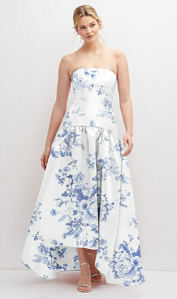 Front View - Cottage Rose Larkspur Strapless Fitted Floral Satin High Low Dress with Shirred Ballgown Skirt