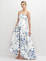 Side View Thumbnail - Cottage Rose Larkspur Strapless Fitted Floral Satin High Low Dress with Shirred Ballgown Skirt
