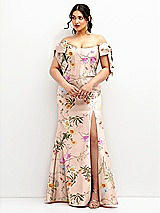 Front View Thumbnail - Butterfly Botanica Pink Sand Off-the-Shoulder Bow Floral Satin Corset Dress with Fit and Flare Skirt