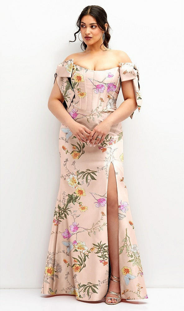 Front View - Butterfly Botanica Pink Sand Off-the-Shoulder Bow Floral Satin Corset Dress with Fit and Flare Skirt