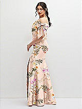 Side View Thumbnail - Butterfly Botanica Pink Sand Off-the-Shoulder Bow Floral Satin Corset Dress with Fit and Flare Skirt