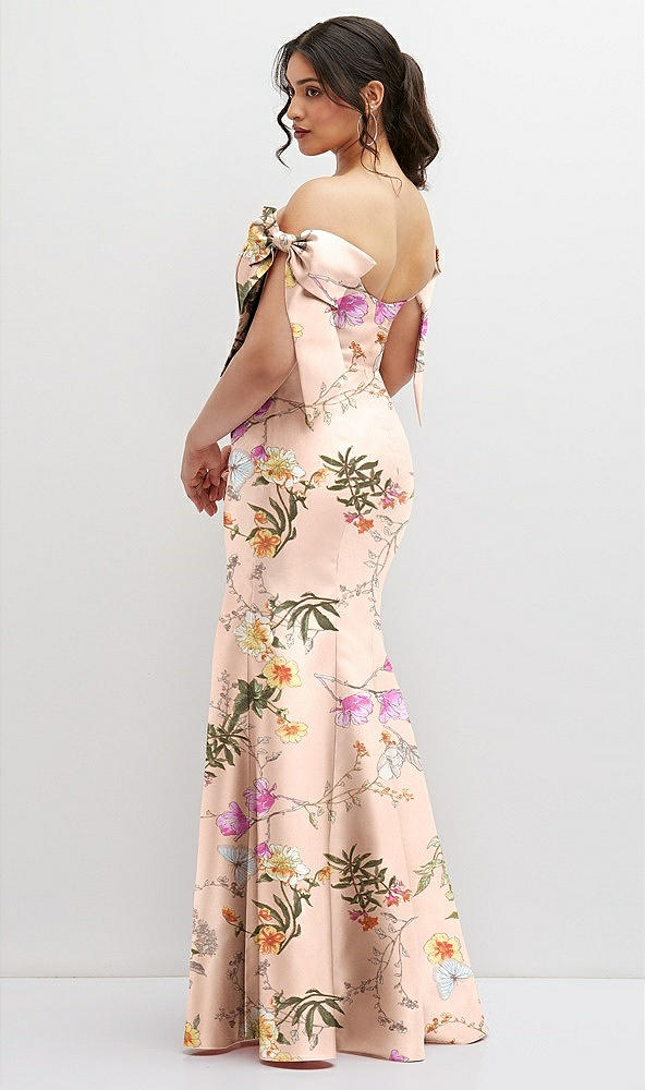 Back View - Butterfly Botanica Pink Sand Off-the-Shoulder Bow Floral Satin Corset Dress with Fit and Flare Skirt