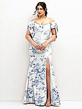 Front View Thumbnail - Cottage Rose Larkspur Off-the-Shoulder Bow Floral Satin Corset Dress with Fit and Flare Skirt