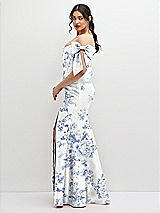 Side View Thumbnail - Cottage Rose Larkspur Off-the-Shoulder Bow Floral Satin Corset Dress with Fit and Flare Skirt